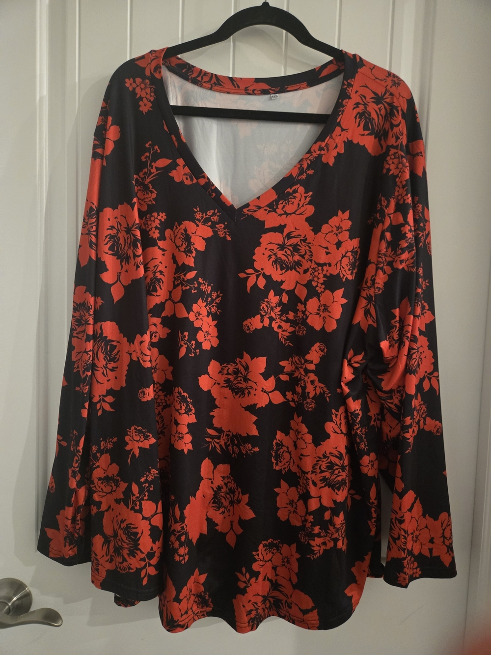 Women's Black V-Neck Long Sleeve Top with Red Floral Print